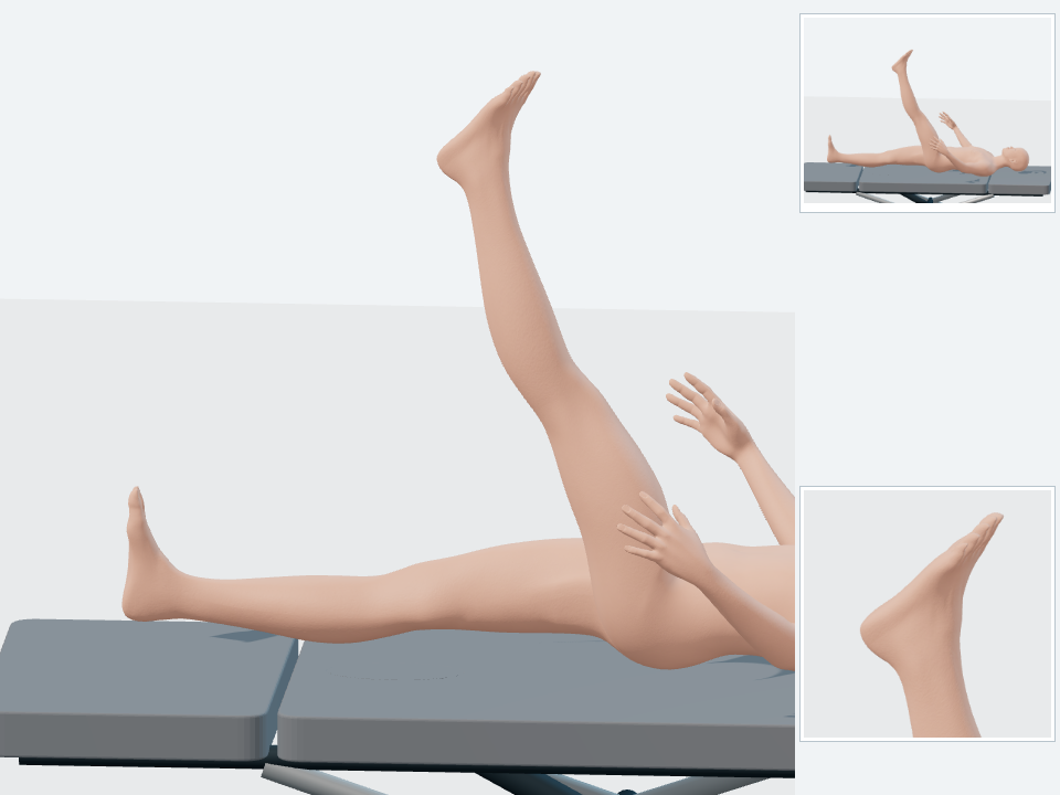 FIBULAR — SLR + FLEXIÓN PLANTAR / INVERSIÓN: posición final, con detalle de tobillo y pie